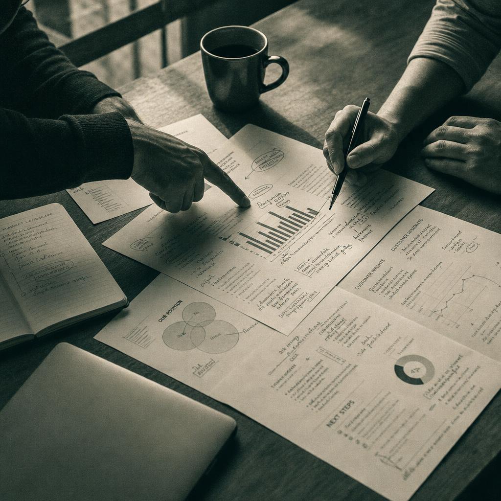 Overhead view of a working table with documents marked up in pen, two sets of hands, and coffee during a strategy session